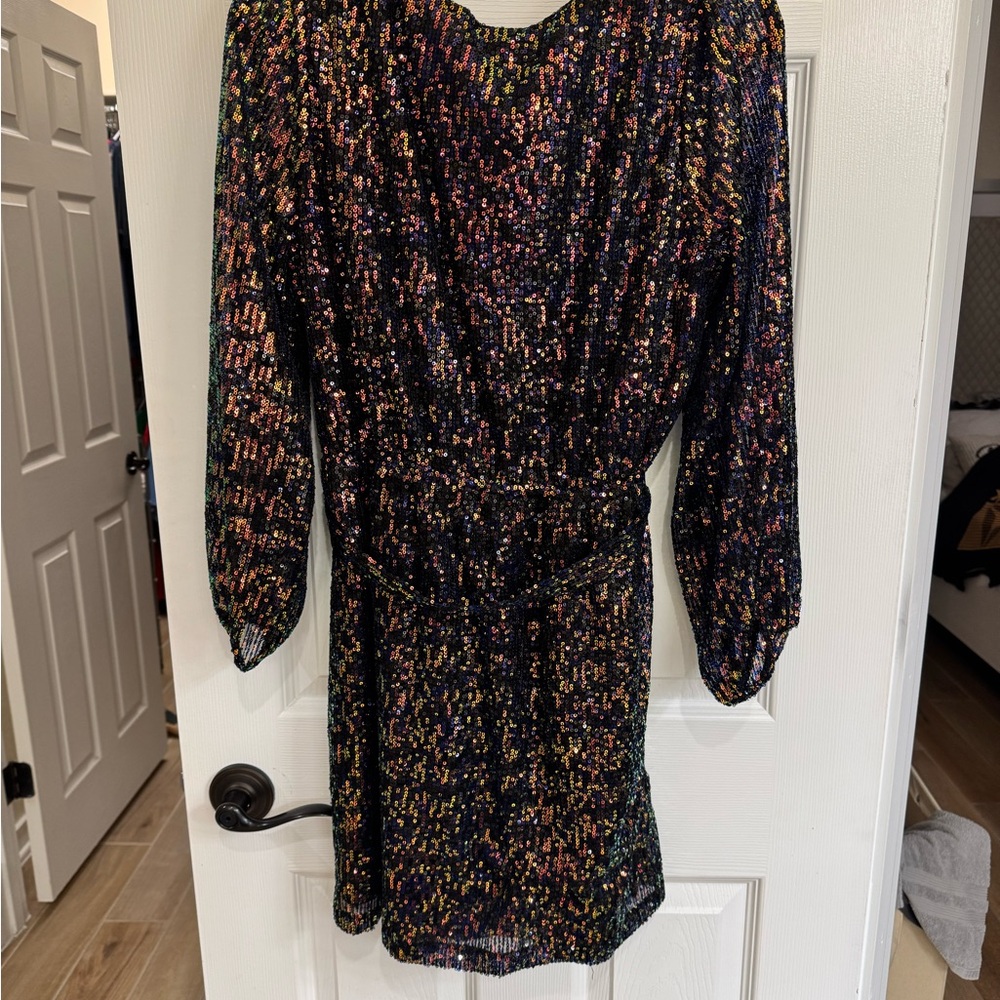 LOFT Black Multicolor Sequin Long Sleeve Dress